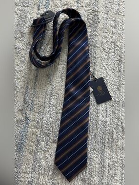 Men's Navy Striped Silk Tie with Brown Accent - Alexandre London